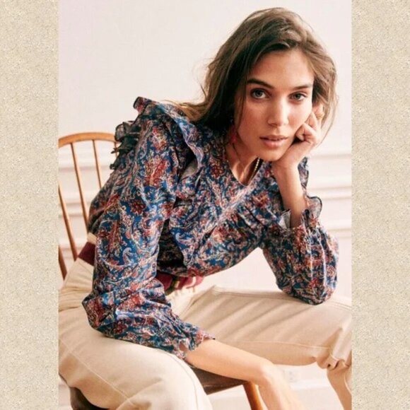 💕SEZANE💕 West Shirt Ranch Marine Multi-Color Paisley Floral Print FR 38 = US 6 - Picture 4 of 16